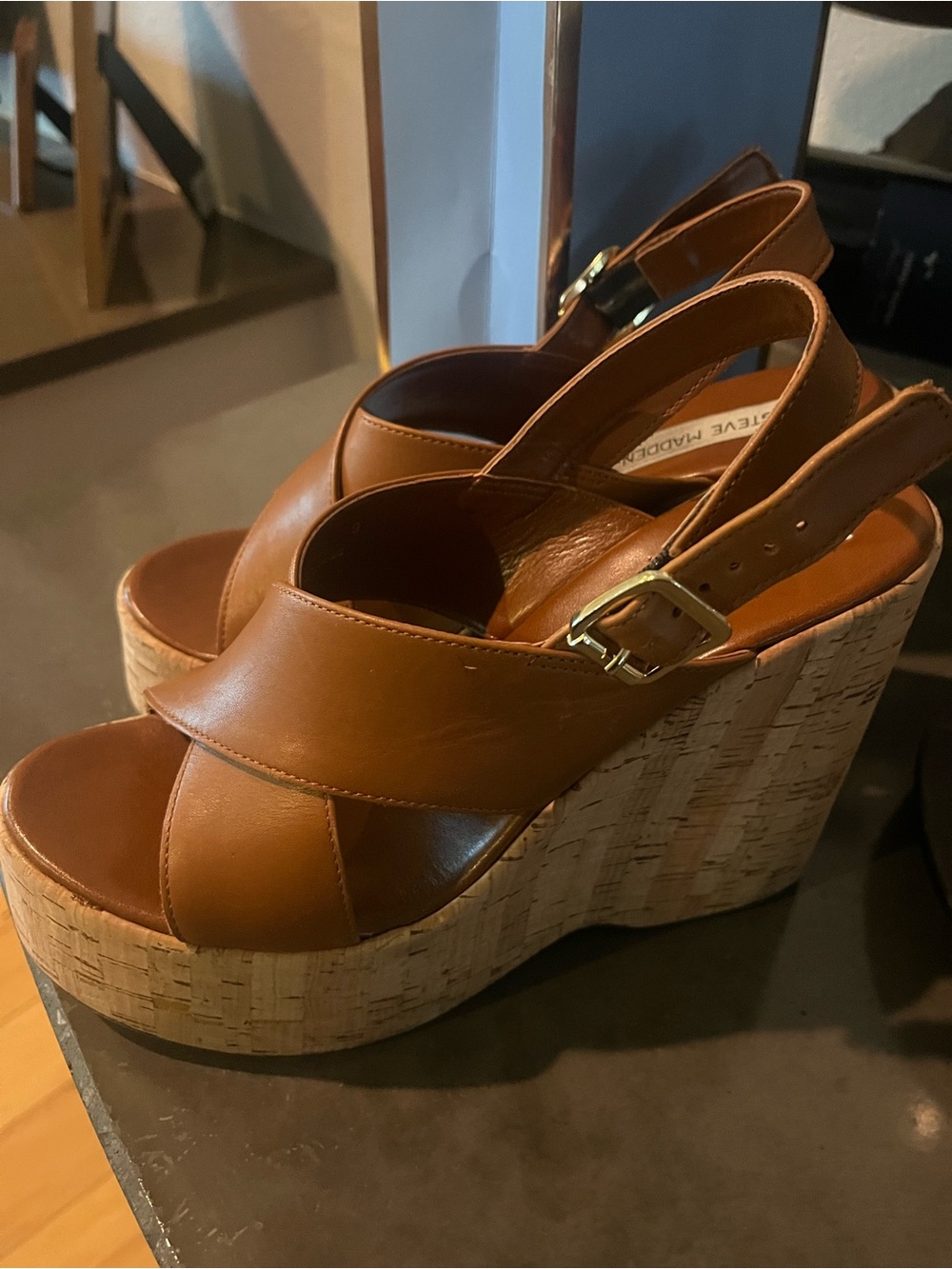 Steve Madden Tan Leather Cork Platform Wedges